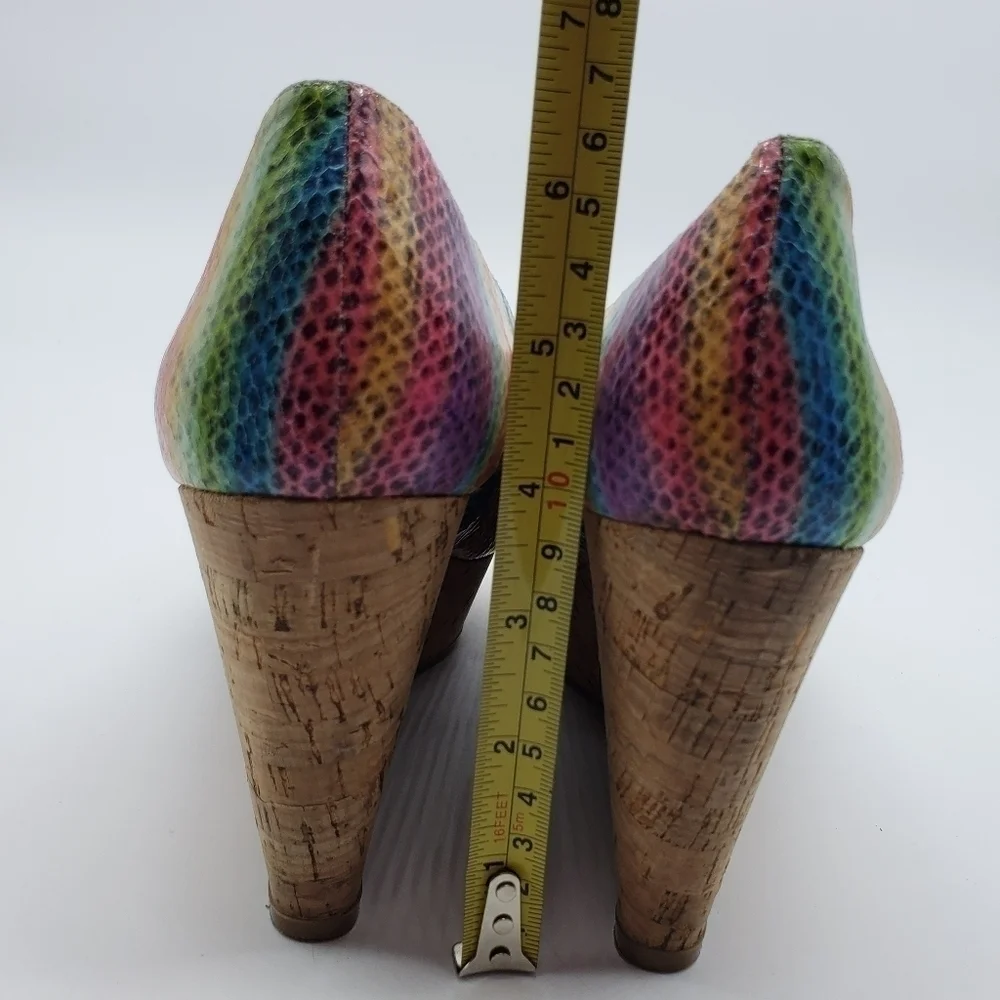 𝅺nine West women US 9 rainbow wedge heels Cheerful-30 open toe cork vegan PRIDE
